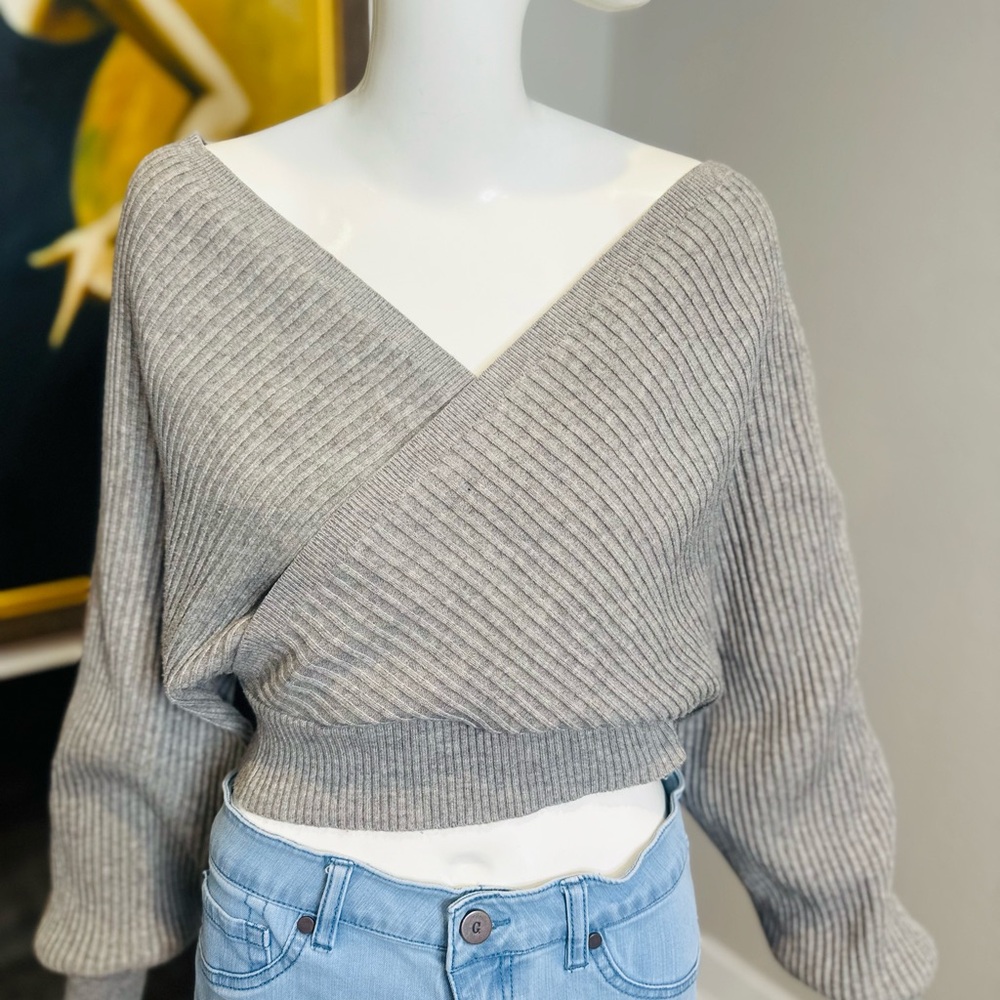 COPY - Knitted Crop Deep V-Neck Long Sleeve Pullover Cross Wrap Loose Pullover …